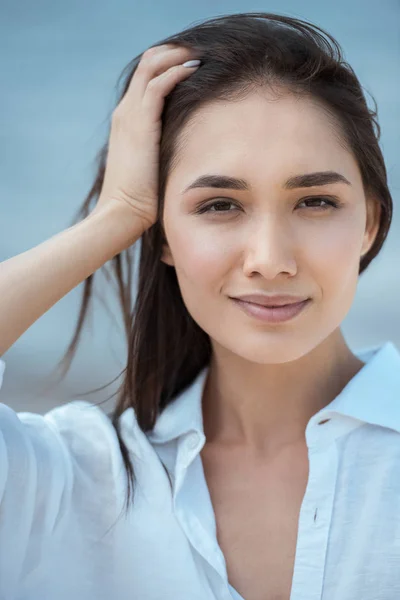 Close Portrait Attractive Asian Woman Hand Hair Blurred Background — Stock Photo, Image