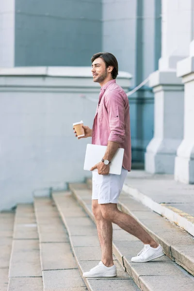 Side View Young Man Laptop Coffee Going Steps Street — Stock Photo, Image