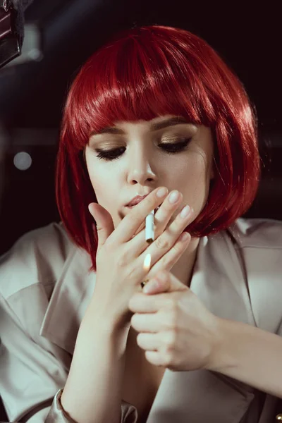 Close View Beautiful Young Woman Red Wig Smoking Cigarette Car — Stock Photo, Image