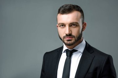 gri izole kamera bakarak yakışıklı işadamı portresi