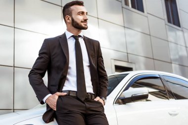 Arabanın üzerine eğilerek ve uzağa bakarak gülümseyen yakışıklı işadamı
