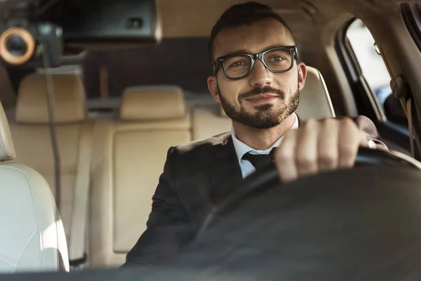 Handsome Cheerful Driver Suit Driving Car — Stock Photo, Image