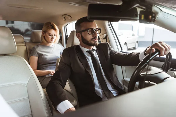 Handsome Driver Attractive Businesswoman Car — Stock Photo, Image