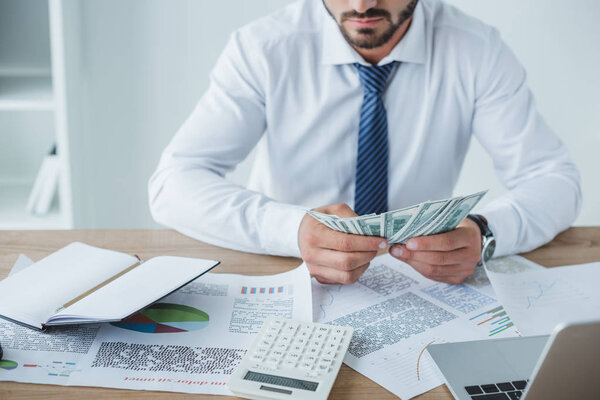 cropped image of business adviser counting money in office