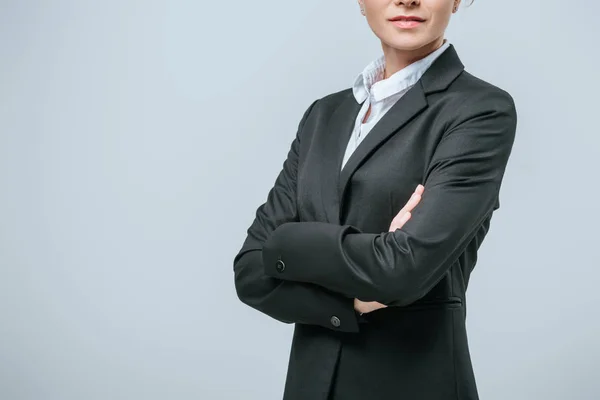 Cropped Image Businesswoman Standing Crossed Arms Isolated Grey — Stock Photo, Image