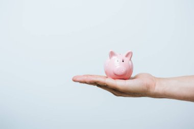 cropped image of man holding pink piggybank isolated on grey clipart