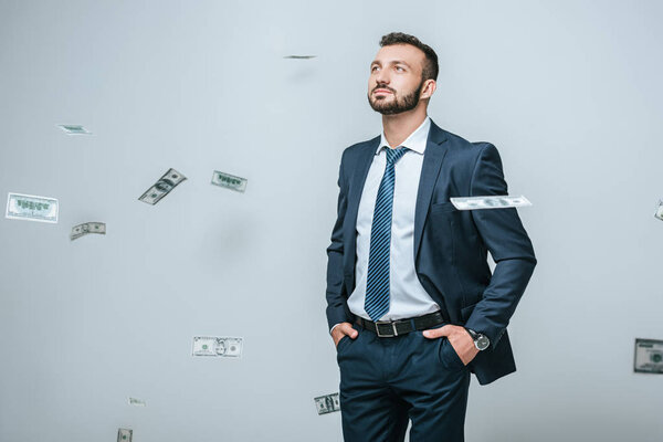 handsome financier looking at falling dollars isolated on grey