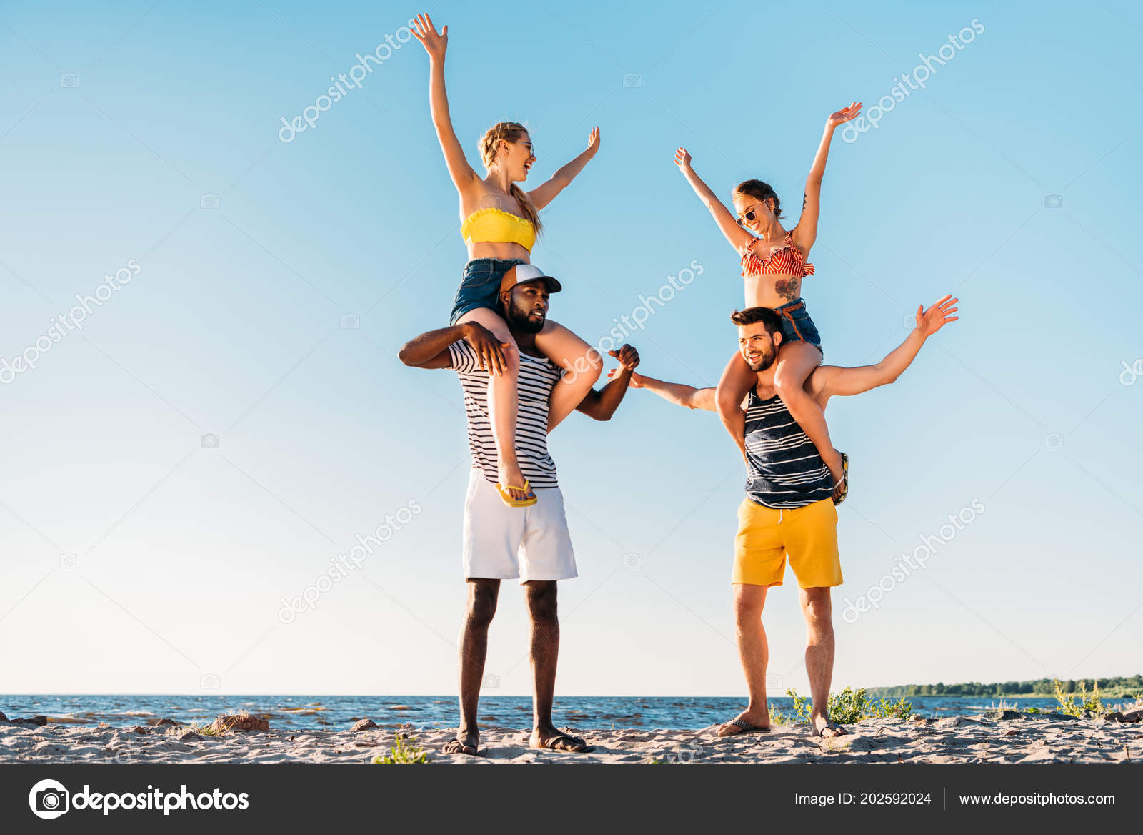 Cheerful Young Multiethnic Friends Having Fun Together Sandy Beach