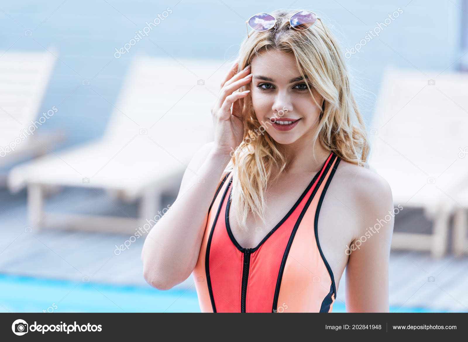 Beautiful Young Blonde Woman Swimsuit Smiling Camera Swimming Pool