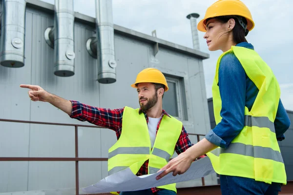 Professional Architects Helmets Working Blueprints Gesturing Construction — Stock Photo, Image