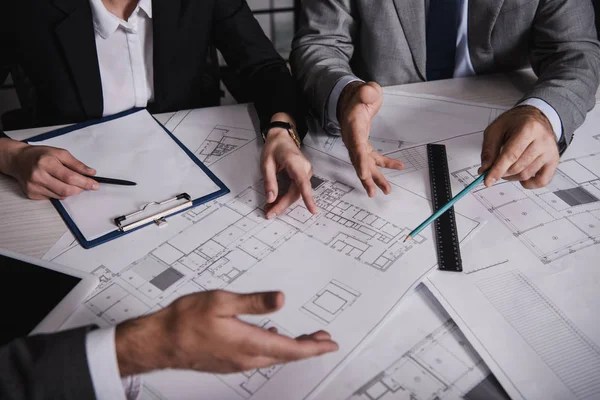 Cropped View Architects Gesturing Working Blueprints — Stock Photo, Image