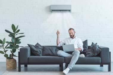 yakışıklı adam evde kanepede dizüstü bilgisayar kullanırken uzaktan kumanda ile Klima açma