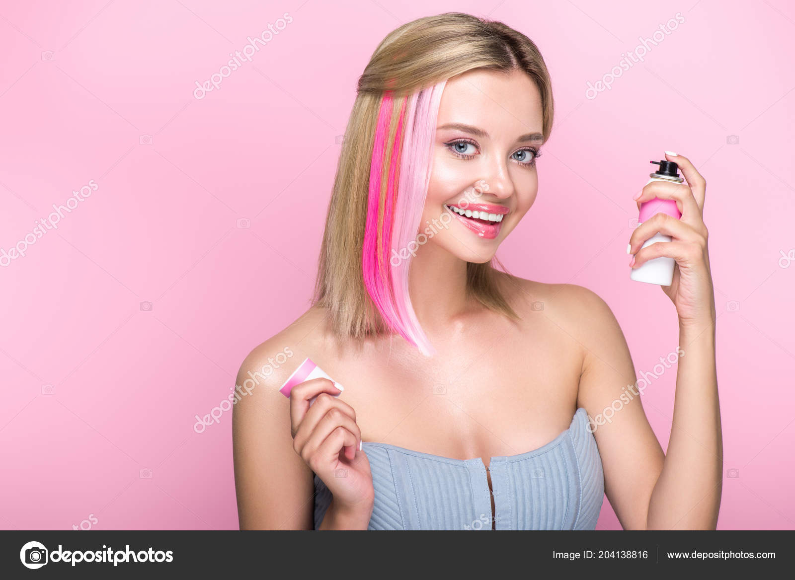 Smiling Young Woman Colorful Strands Hair Spray Paint Looking Camera Stock Photo Image By C Allaserebrina 204138816