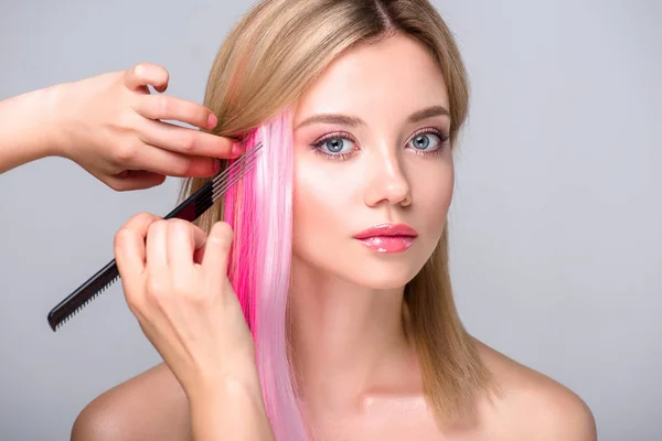 Cropped Shot Hair Stylist Working Attractive Young Woman Isolated Grey — Stock Photo, Image