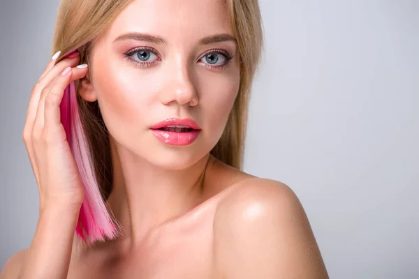 Close Portrait Beautiful Young Woman Putting Colored Hair Ear Looking — Stock Photo, Image