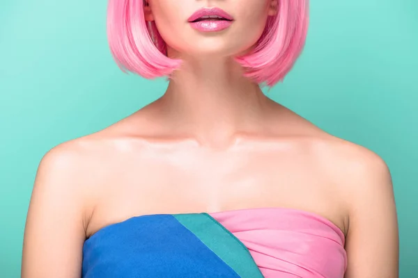 Cropped Shot Young Woman Pink Bob Cut Isolated Turquoise — Stock Photo, Image