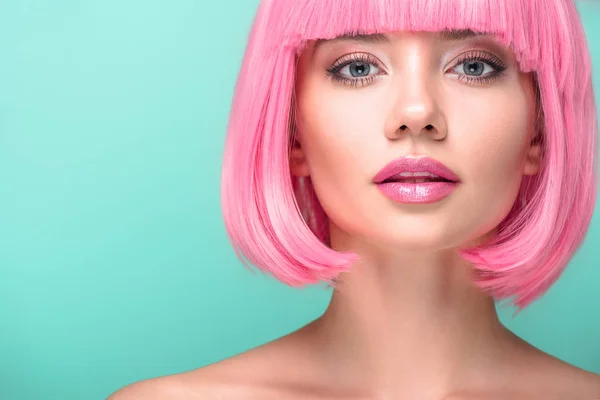 Close Portrait Young Woman Pink Bob Cut Looking Camera Isolated — Stock Photo, Image