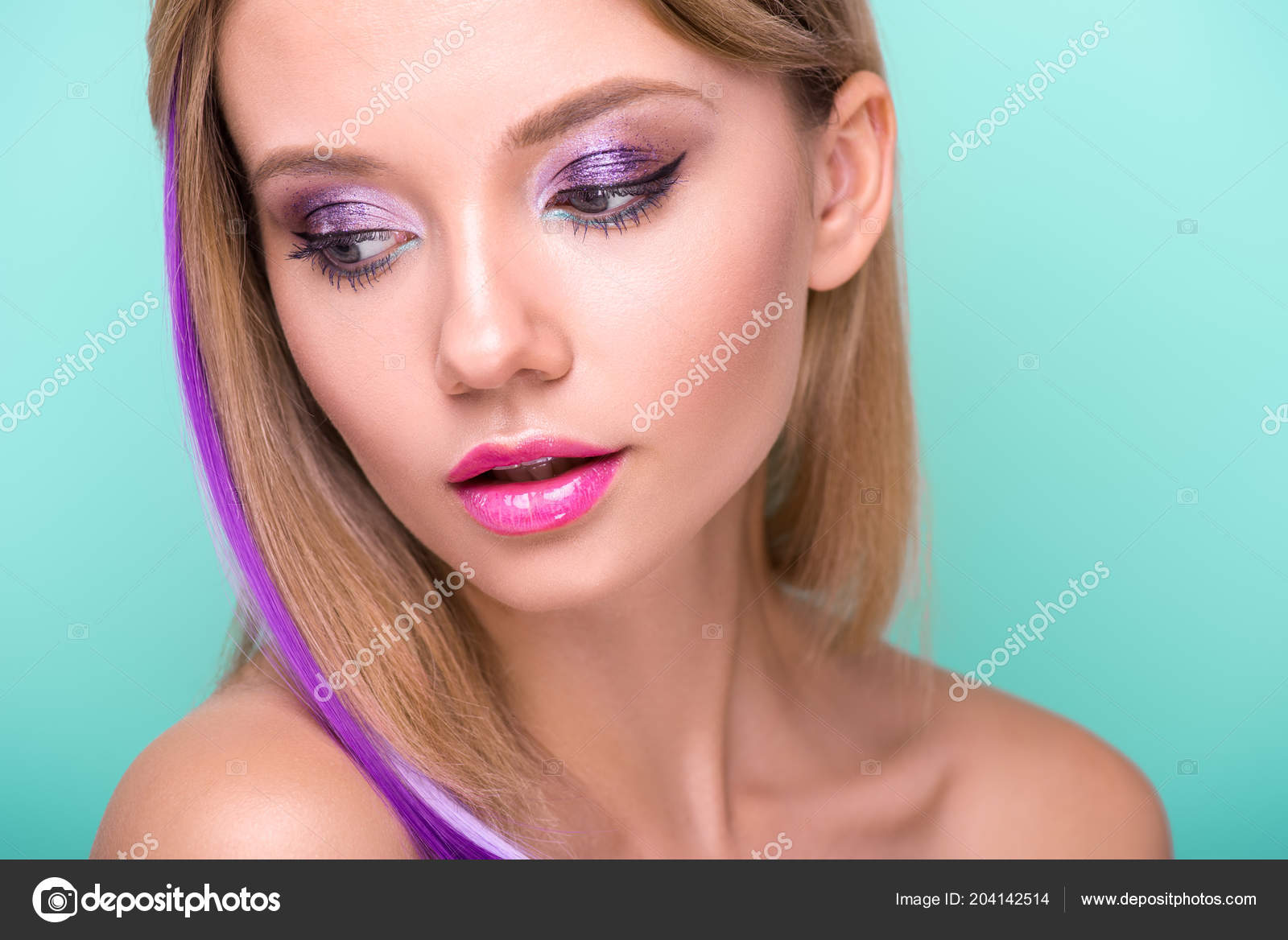 Close Portrait Beautiful Young Woman Stylish Makeup Purple Hair