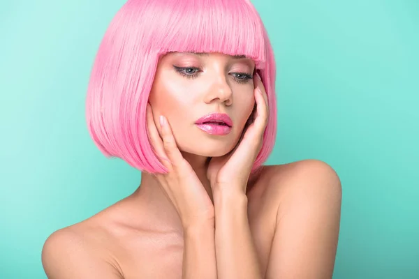 Sensual Young Woman Pink Bob Cut Isolated Turquoise — Stock Photo, Image