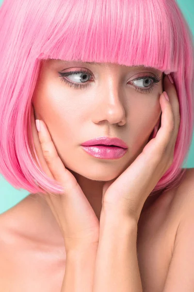 Close Portrait Thoughtful Young Woman Pink Bob Cut Isolated Turquoise — Stock Photo, Image