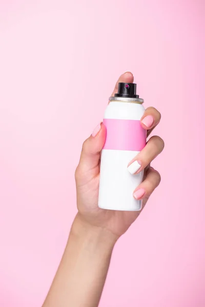 Cropped Shot Woman Holding Can Spray Paint Hair Isolated Pink — Stock Photo, Image