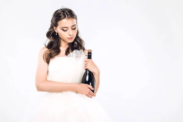 Beautiful Young Bride Wedding Dress Holding Bottle Champagne Isolated White — Free Stock Photo