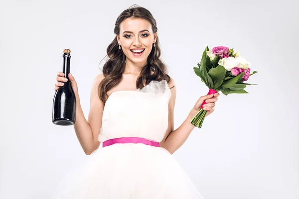 Happy Young Bride Wedding Dress Champagne Bottle Bridal Bouquet Isolated — Stock Photo, Image