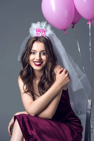 Happy Future Bride Veil Bachelorette Party Sitting Chair Tied Pink — Stock Photo, Image