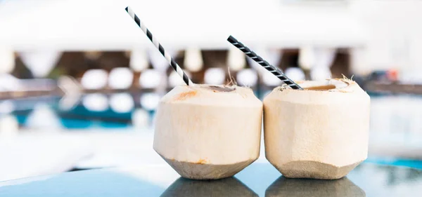 Two Green Coconut Cocktails Straws — Stock Photo, Image