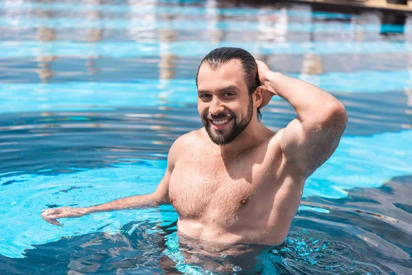 Smiling Bearded Man Standing Swimming Pool — Stock Photo, Image