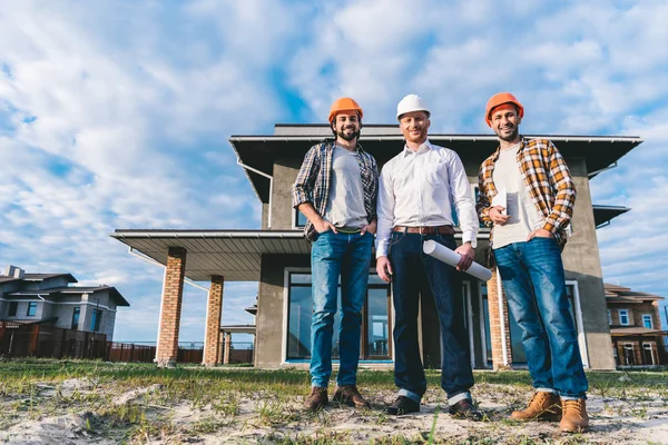 Group Handsome Architects Hard Hats Front Construction Site — Stock Photo, Image