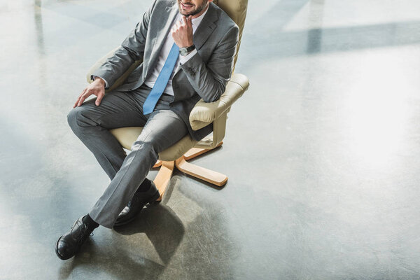 cropped shot of handsome businessman sitting on luxury armchair at modern office