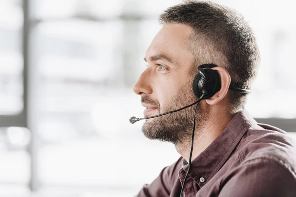 Side View Handsome Call Center Worker Headphones Microphone — Stock Photo, Image