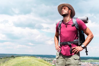 handsome hiker in hat with backpack and tourist mat clipart