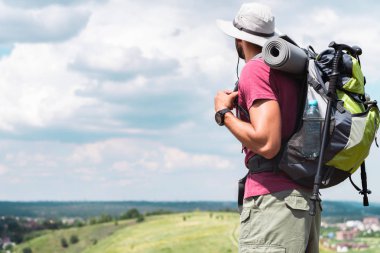 male traveler in hat with backpack and tourist mat looking at summer meadow clipart