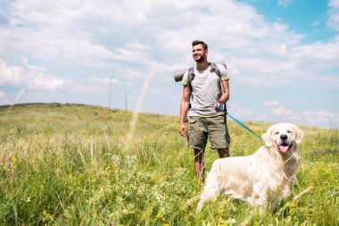 Gezgin ile golden retriever bulutlu gökyüzü ile yaz çayır üzerinde yürüyen sırt çantası ile