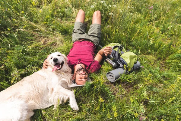 快乐的游客和金色猎犬狗躺在绿草上的最高视野 — 图库照片