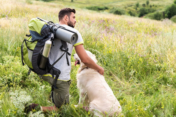 мужчина турист с рюкзаком и собакой, сидящий на летнем лугу

