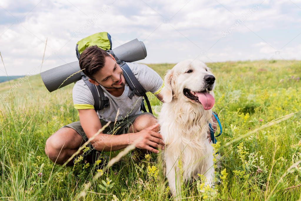 traveler with backpack and dog sitting on green meadow