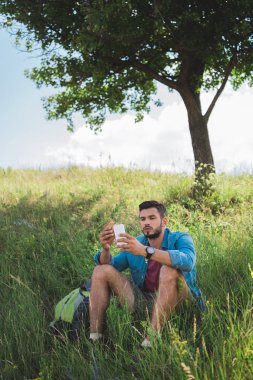 Smartphone kullanarak ve yaz çayır ağaç üzerinde sandviç yeme erkek turist