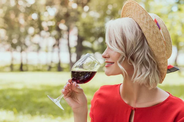 Side View Attractive Girl Red Dress Drinking Red Wine Park — Stock Photo, Image