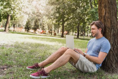 yakışıklı adam ağaç Parkı yakınında oturan ve dizüstü bilgisayar kullanarak yan görünüm