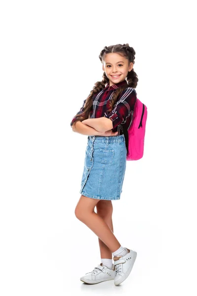 Schoolchild Pink Backpack Standing Crossed Arms Isolated White — Stock Photo, Image