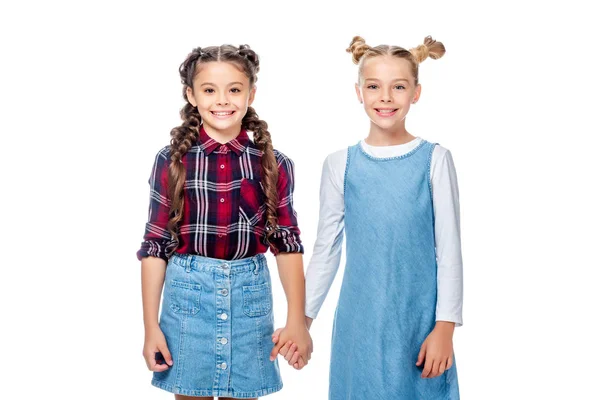 Schoolchildren Holding Hands Looking Camera Isolated White — Stock Photo, Image