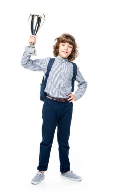 öğrenci ile kazanan Kupası beyaz izole tutmak sırt çantası