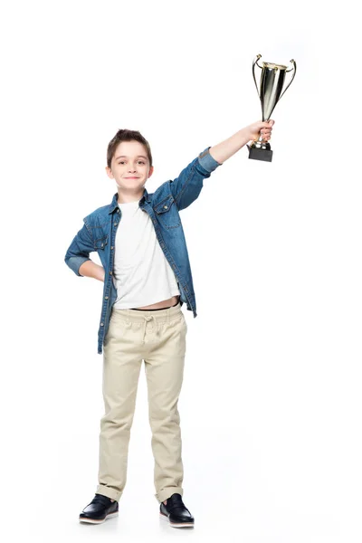 Alegre Colegial Mostrando Ganador Taza Aislado Blanco — Foto de Stock