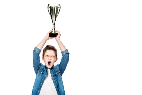 Colegial Gritando Sosteniendo Taza Ganadora Por Encima Cabeza Aislado Blanco — Foto de Stock