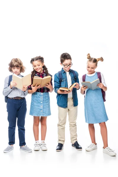 Compañeros Clase Pie Leyendo Libros Aislados Blanco —  Fotos de Stock