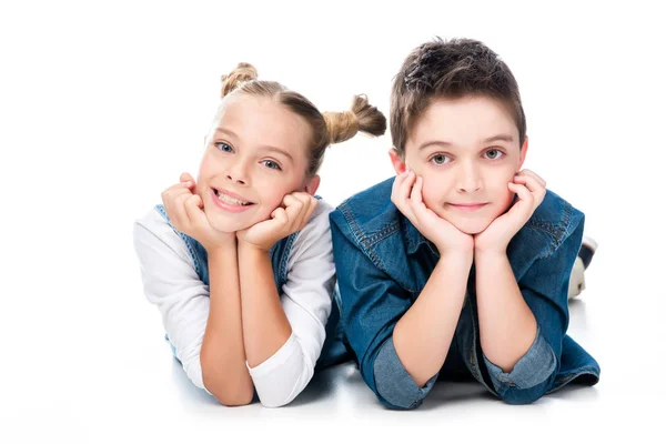 Dos Compañeros Clase Descansando Barbilla Las Manos Aisladas Blanco — Foto de Stock