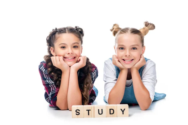 Schoolchildren Lying Wooden Cubes Word Study Isolated White — Stock Photo, Image